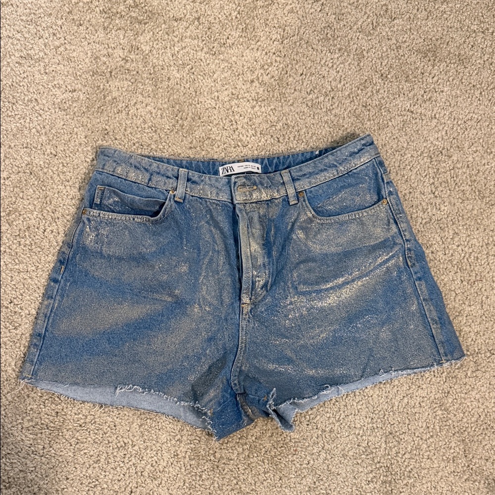 Zara High Waist Foil Denim Shorts